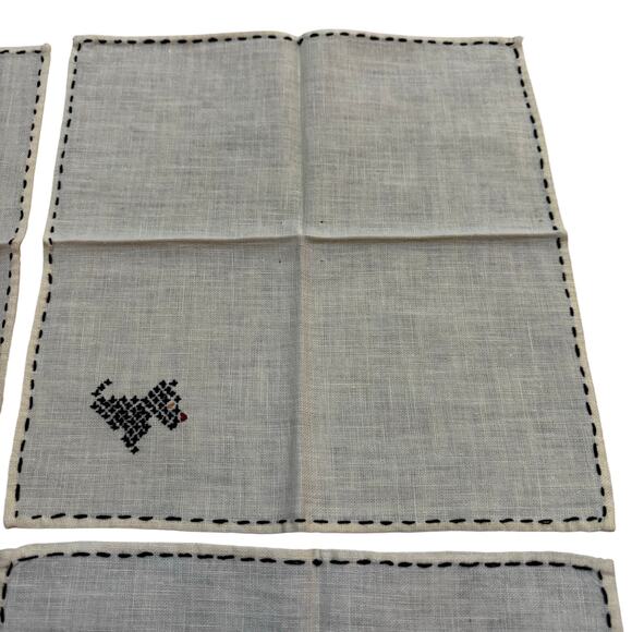 Cocktail napkins (4) YELLOW cotton hand embroidery black Scottish Terriers - Picture 6 of 10